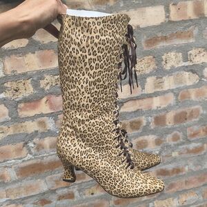 Fantasy Collection Vtg Victorian Leopard Print Flare Heel Mobwife Boots Size 6.5
